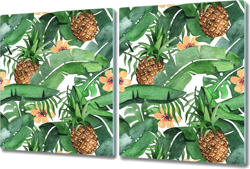 Glas-Herdabdeckplatte Glaskeramikkochfeld-Abdeckung - 2x 40x52 cm - Tropische Blätter & Ananas