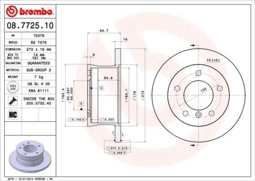 Brembo 08.7725.10 Disque de Frein OE 9024230112 pour Mercedes Classe G