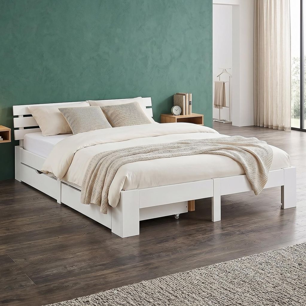 Homestyle4u Holzbett 180x200 mit 2 Schubladen Weiß Produktbild 