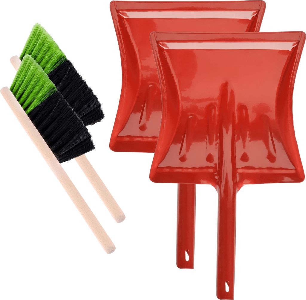 Garronda 2 Stück Kehrgarnitur Kehrschaufel Metall mit Holzgriff Set mit Handbesen (Schwarz/Grün + Rot)