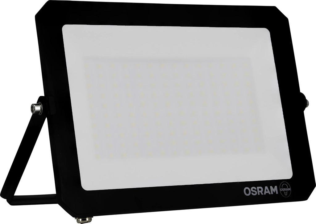 A black OSRAM LED floodlight with a white diffuser is shown against a white background.