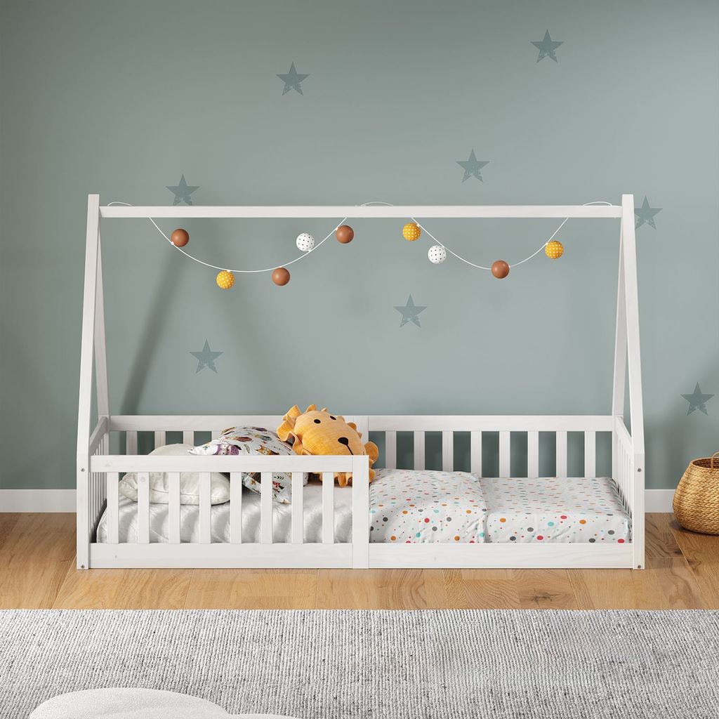 Hausbett NICOLAS 90 x 200 cm weiß -  bodentiefes Kinderbett Produktbild 