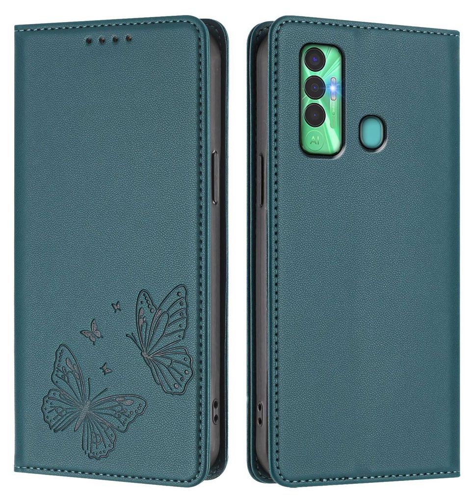 Lederhülle für Tecno Spark 7P, Schmetterling Prägung Leder Brieftasche Schutzhülle mit Ständer Grün