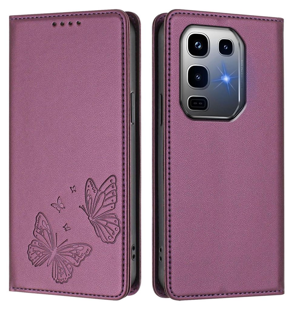 Lederhülle für Infinix Note 50 Pro+ 5G, Schmetterling Prägung Leder Brieftasche Schutzhülle mit Ständer Lila