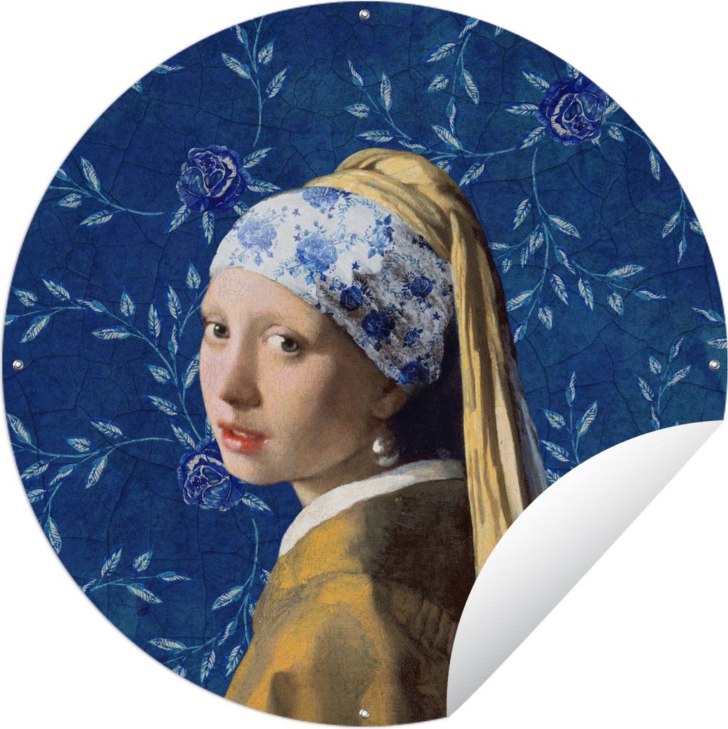 MuchoWow Gartenposter Outdoor-Poster Rund Mädchen mit Perlenohrring - Delfter Blau - Vermeer - Blumen - Gemälde - Alte Meister Ø 90 cm Gartend...