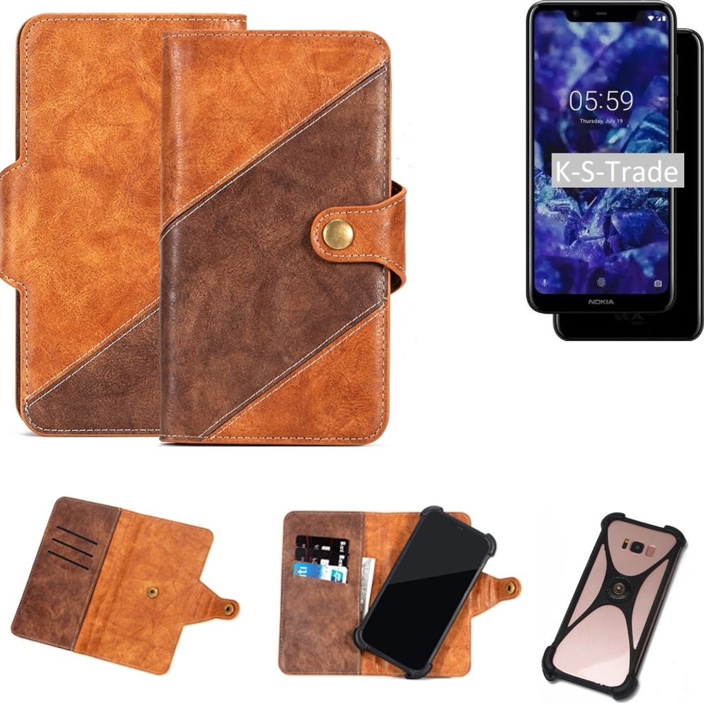 K-S-Trade Handy-Hülle Schutz-Hülle Bookstyle Case Wallet-Case kompatibel mit Nokia 5.1 plus Handy Cover Bumper Kantenschutz Smartphone dunkelbraun