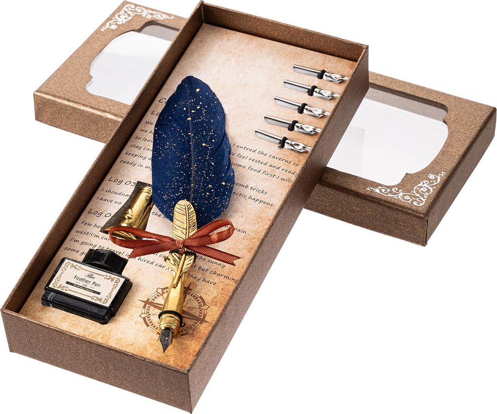 Federkiel- und Tintenset, Retro-Feder-Dip, Vintage-Kalligrafie-Schreibunterschrift mit 5 Ersatzspitzenhaltern in Geschenkbox für handschriftliche ...