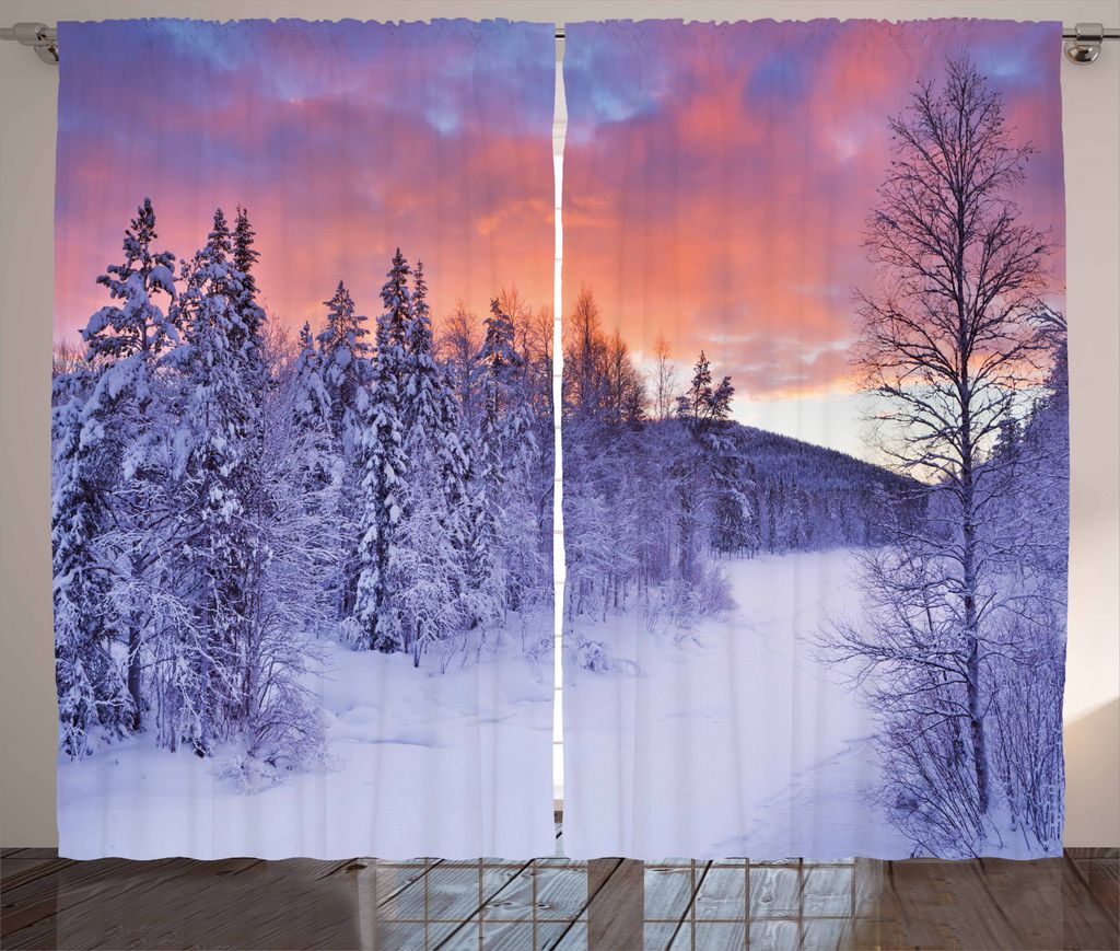 ABAKUHAUS Winter Rustikaler Vorhang, Frozen River Sonnenaufgang, Wohnzimmer Universalband Gardinen mit Schlaufen und Haken, 280 x 175 cm, Mehrfarbig