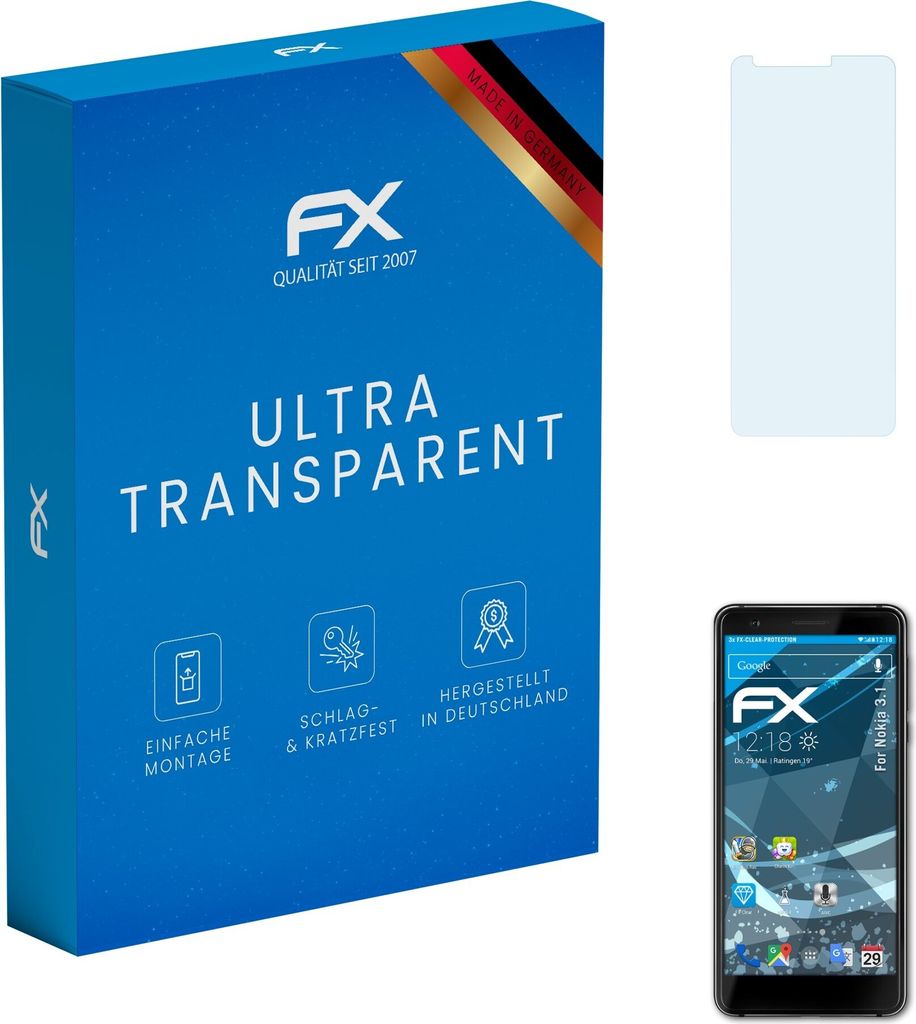 atFoliX FX-Clear 3x Schutzfolie kompatibel mit Nokia 3.1 Displayschutzfolie