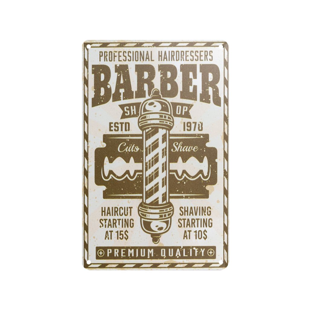 Dekoratives BARBER Schild aus dünnem Aluminium mit geprägten Beschriftungen