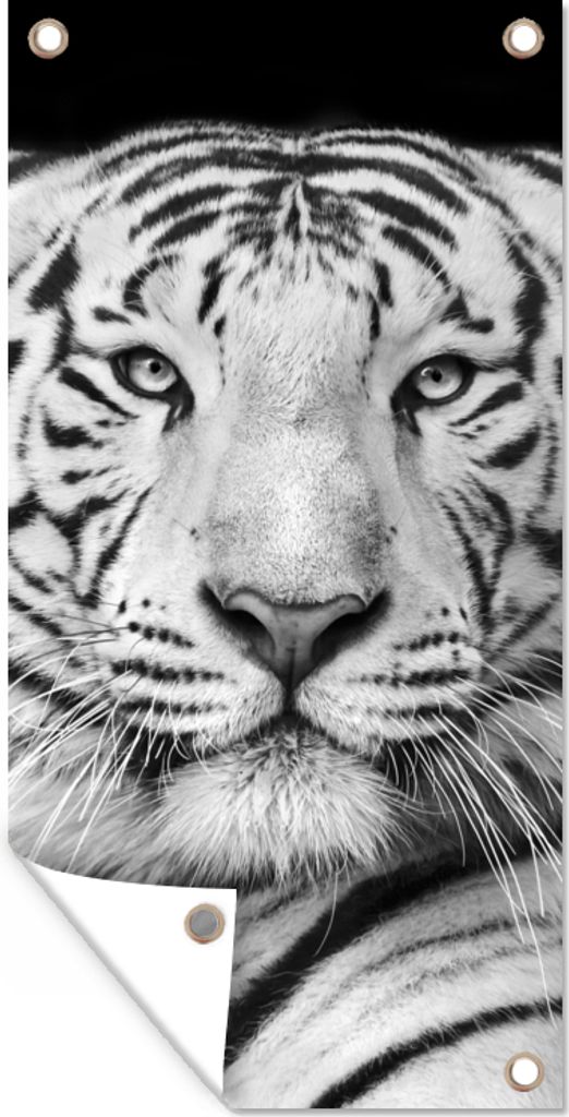 MuchoWow 40x80 cm Outdoor-Poster Gartendeko Sichtschutz Garten Poster für den Garten Tiger - Schwarz - Weiß - Porträt - Tiere