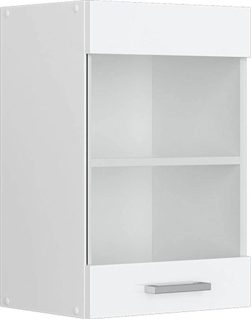 A white wall cabinet with a glass door and a drawer.