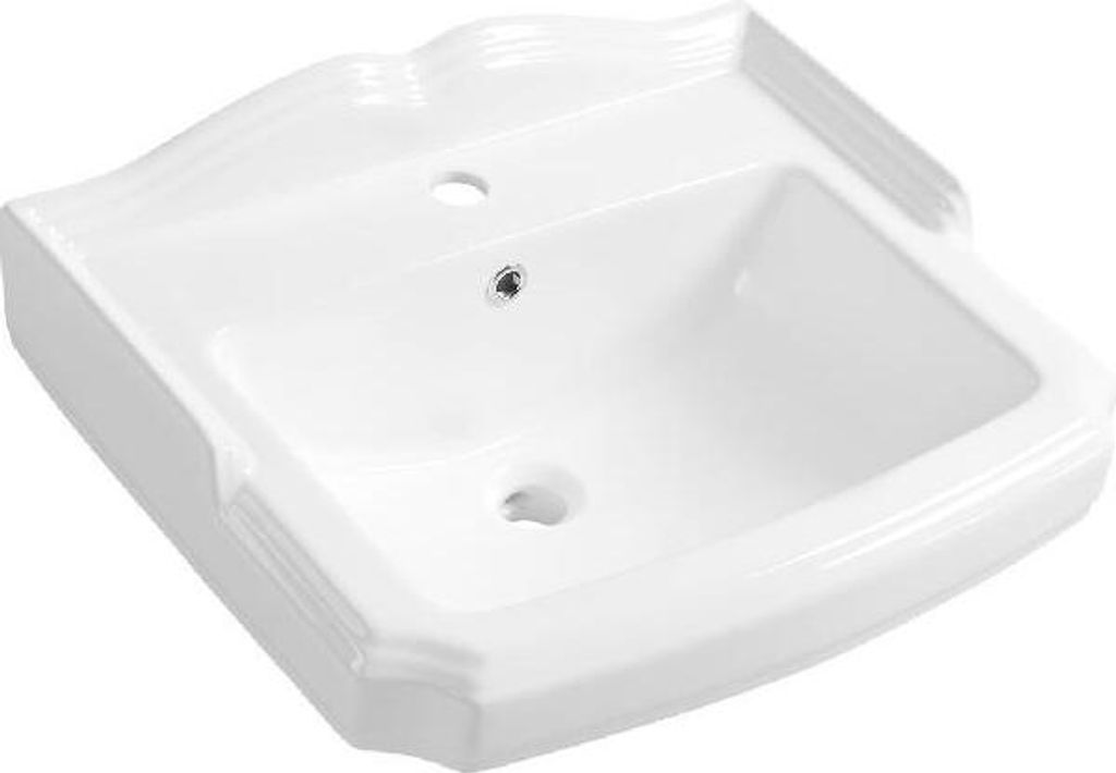 A white ceramic sink with a decorative edge and two holes for fixtures.
