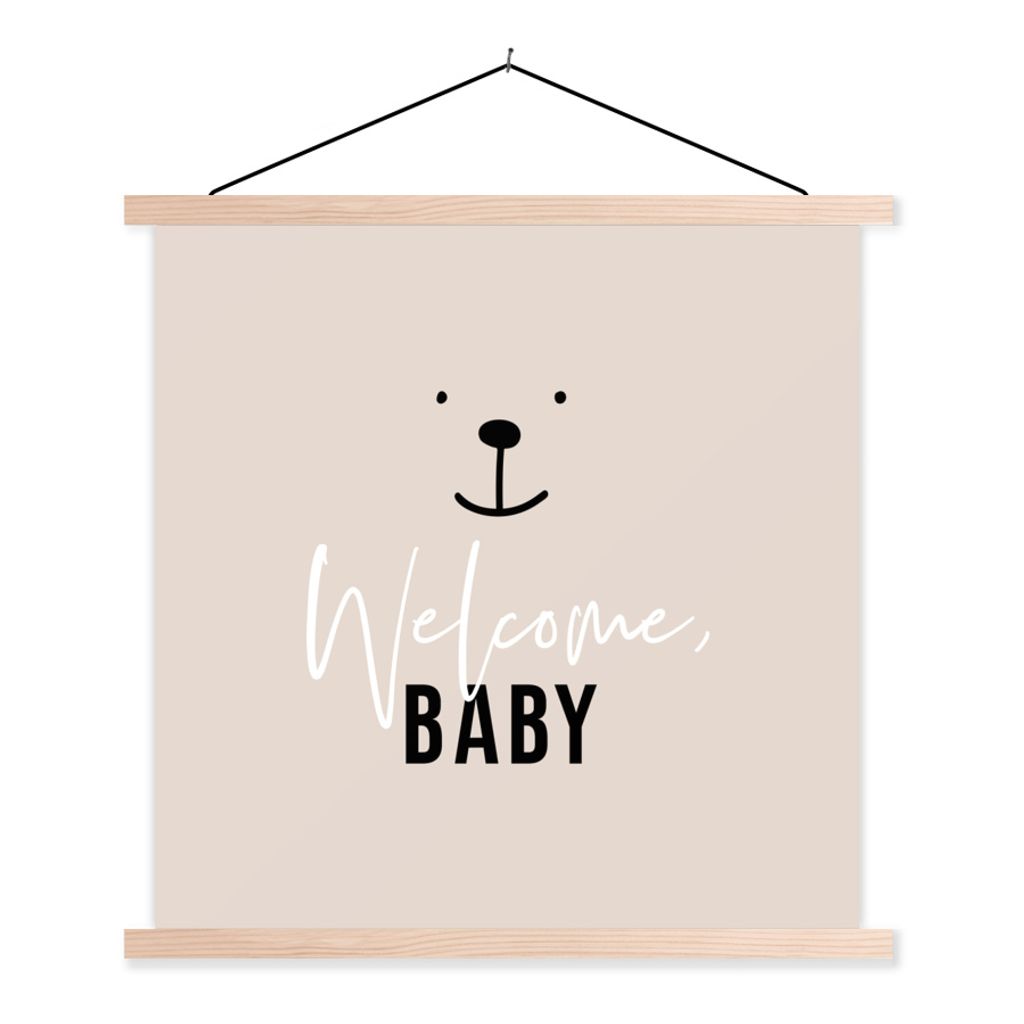 MuchoWow Textilposter Sprichwörter - Zitate - Willkommen Baby - Kinder - Baby - Jungen - Mädchen 120x120 cm mit holzfarbenen Rahmen - Textil-Po...
