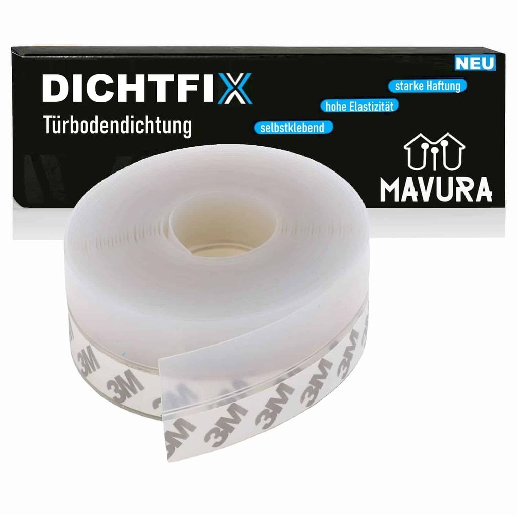 A roll of white door bottom sealing strip with 3M adhesive tape, shown with its packaging in the background.