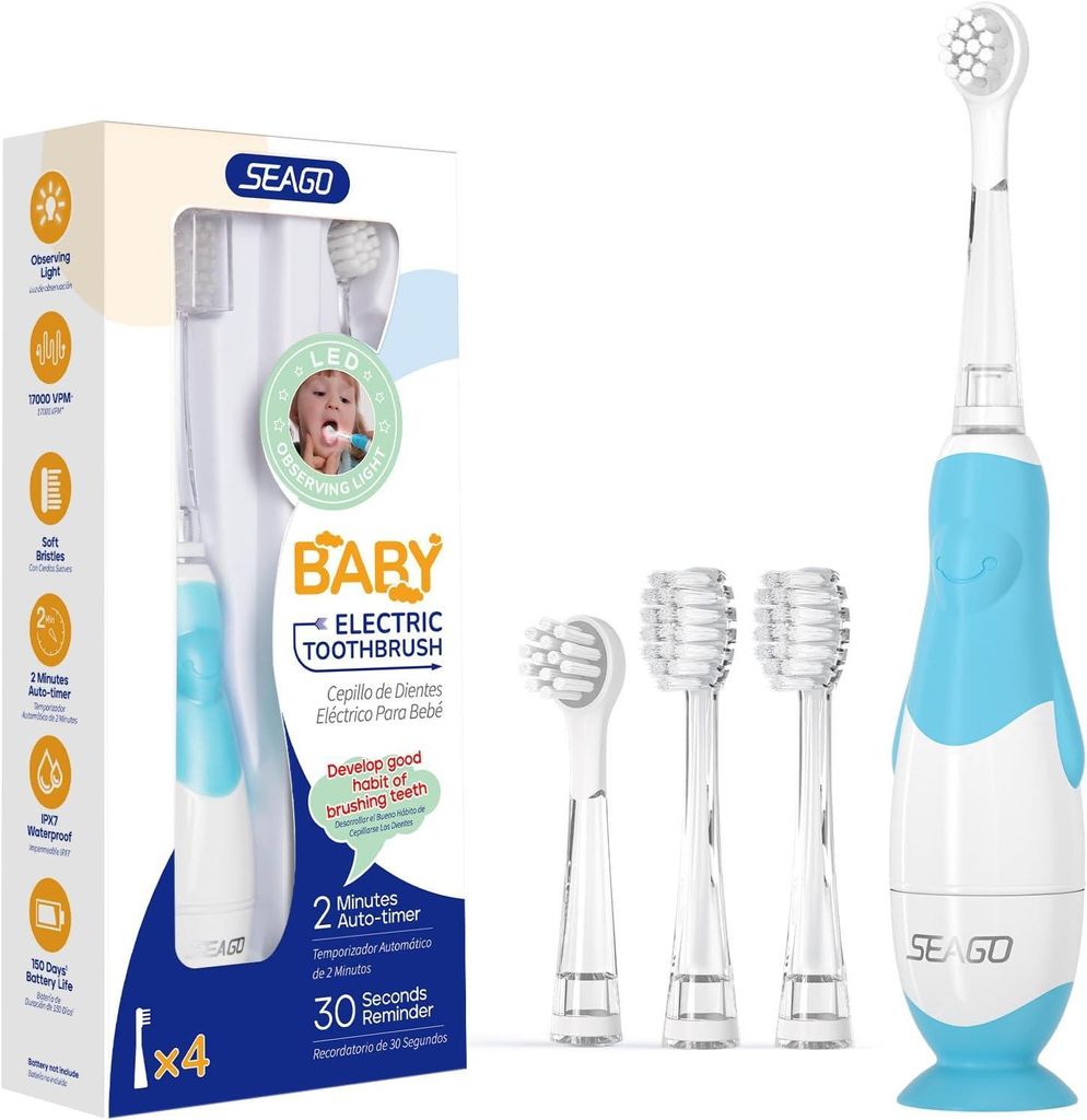 Elektrische Zahnbürste Kinder ab 0-3 Jahr mit LED Licht, Weichen BPA-freiem Runder Gummierte Bürstenkopf, 2 Minuten , IPX7, für Empfindliche Bab...