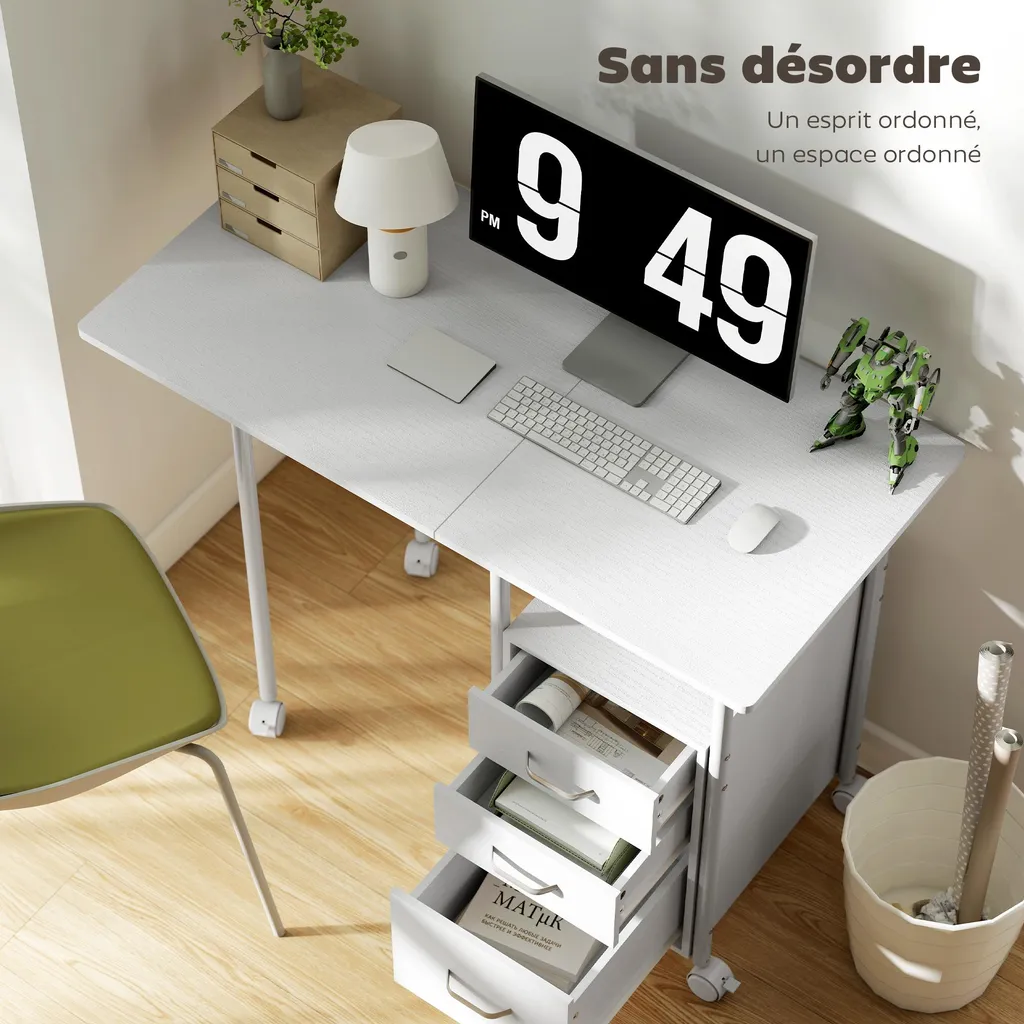 Bureau de télétravail pliable blanc idéal pour chambre ou petit studio - 4