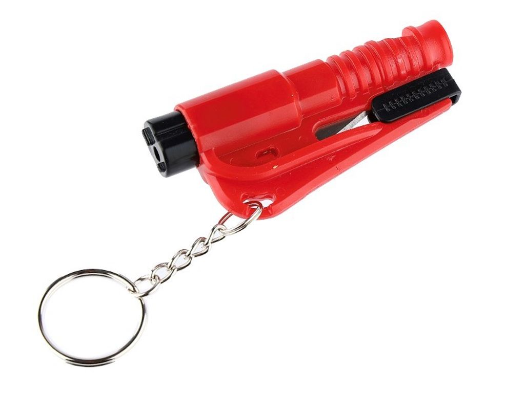 A red keychain tool with a seatbelt cutter and window breaker.