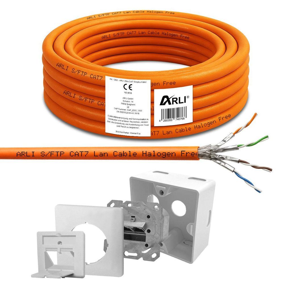 ARLI 25 m Cat7 Verlegekabel S/FTP LSZH + 1x Cat6a Netzwerkdose – Netzwerkkabel Set