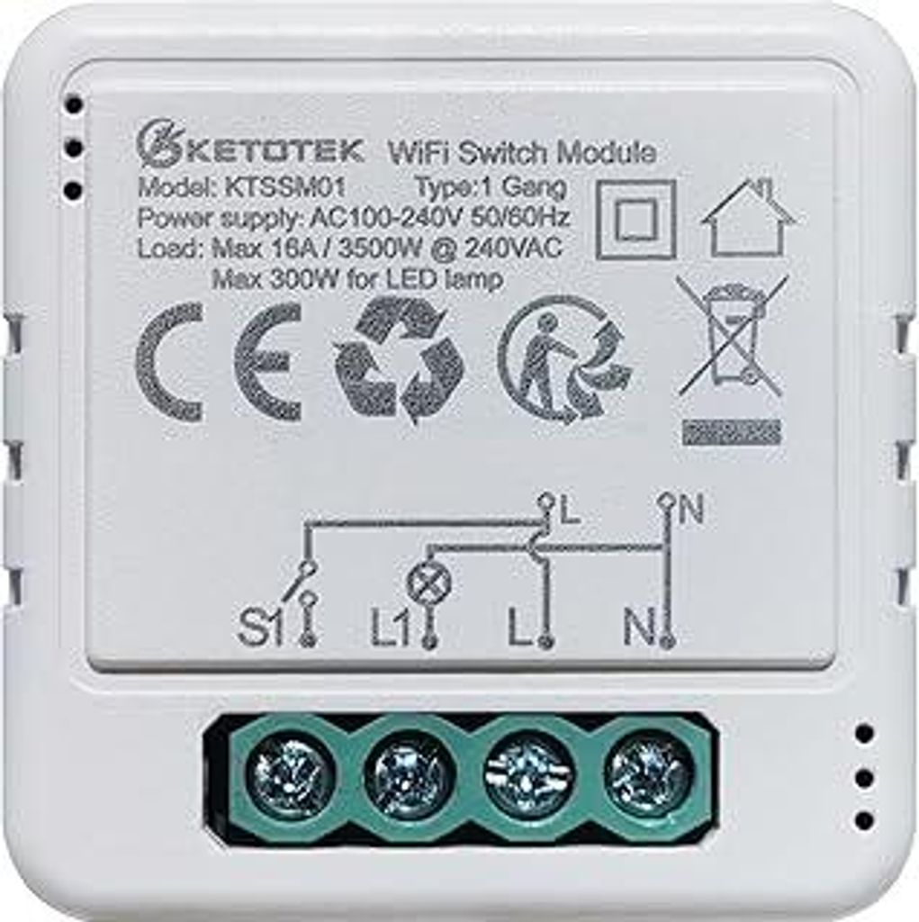 KETOTEK Smart Relais Schalter WLAN 1 Kanal 16A Kompatibel mit Alexa, Smarter Lichtschalter Modul Unterputz 230V WiFi für Hausautomation DIY, Nulll...
