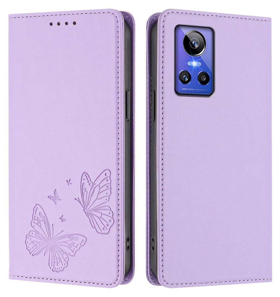 Lederhülle für Realme GT Neo 3, Schmetterling Prägung Leder Brieftasche Schutzhülle mit Ständer Violett