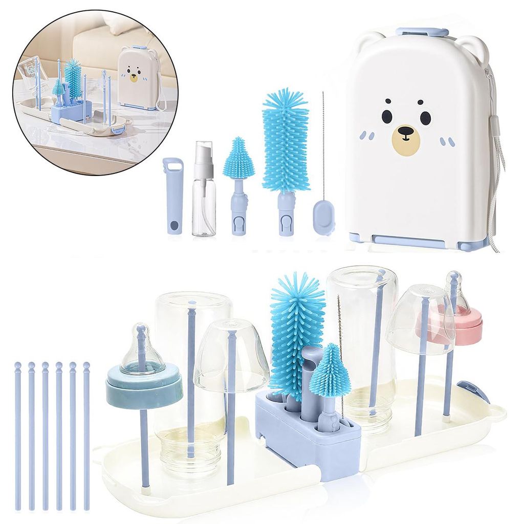 Babyflaschen-Bürstenset,Reinigungsset für Babyflaschen mit3Bürstenköpfen,6Abtropfstangen und 30 ml Nachfüllfläschchen,ideal für Zuhause und ...