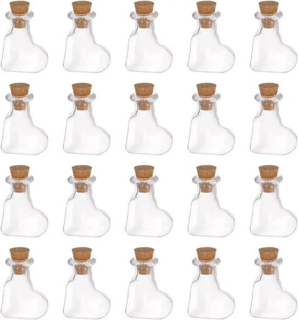 Fioles en verre en forme de cœur avec bouchon liège - Lot de 20 pcs