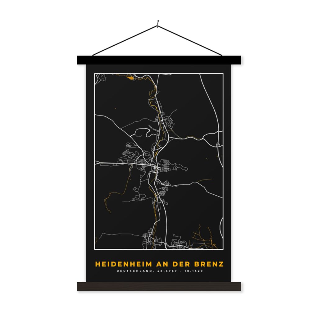 MuchoWow Textilposter Karte - Stadtplan - Heidenheim an der Brenz - Deutschland - Gold 40x60 cm mit schwarzem Rahmen - Wanddekorationen