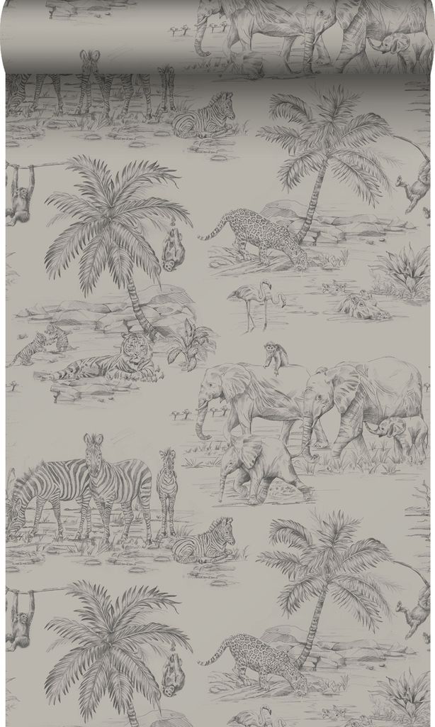 Origin Wallcoverings Tapete Dschungeltiere Kieselgrau 53 cm x 10.05 m