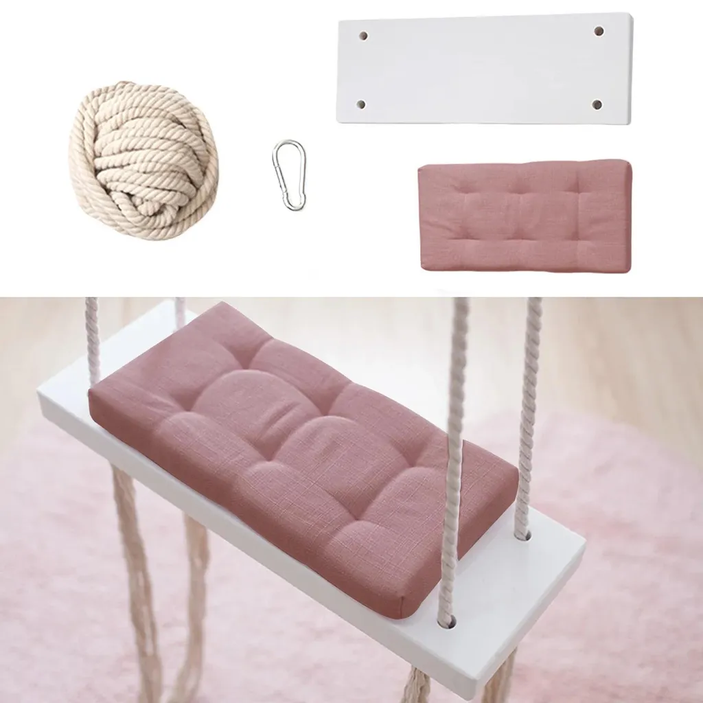 Balançoire de chambre en planche bois et assise textile rose poudré - 6