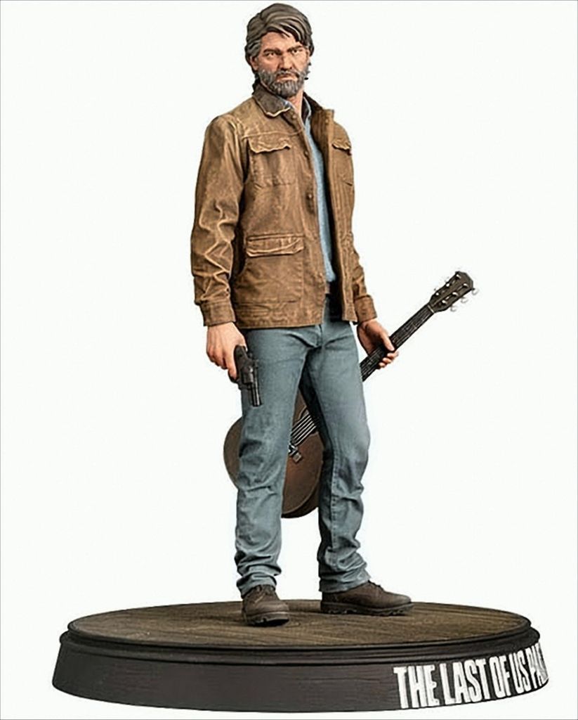 A statue of Joel from The Last of Us Part II, holding a gun and a guitar, standing on a circular base.
