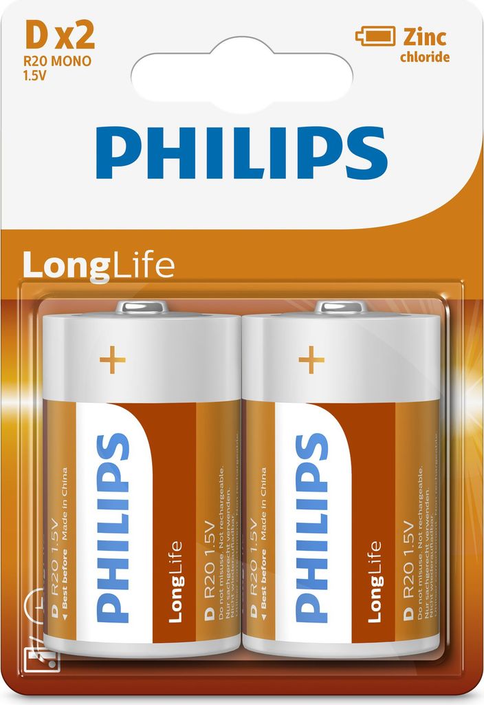 Philips D-Batterien - R20L2B - 2er-Pack Batterien - Zinkchlorid-Technologie - 3 Jahre Haltbarkeitsdauer - 1,5 V