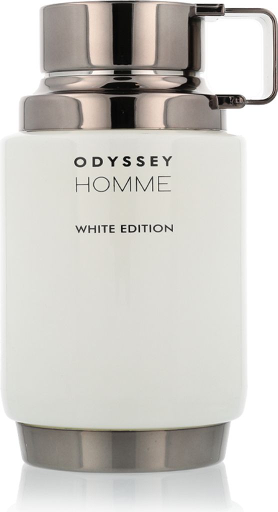 A white bottle of perfume with silver accents.