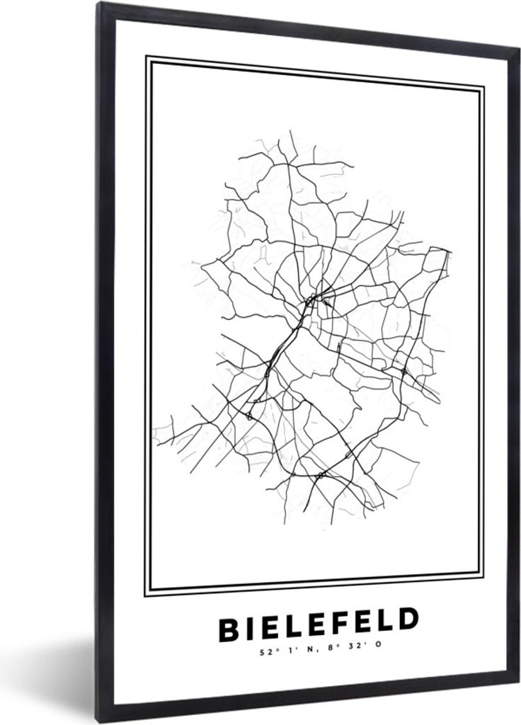 MuchoWow Gerahmtes Poster Schwarz und weiß - Deutschland - Karte - Stadtplan - Bielefeld 60x90 cm - Poster mit Schwarzem Bilderrahmen Wandposter...