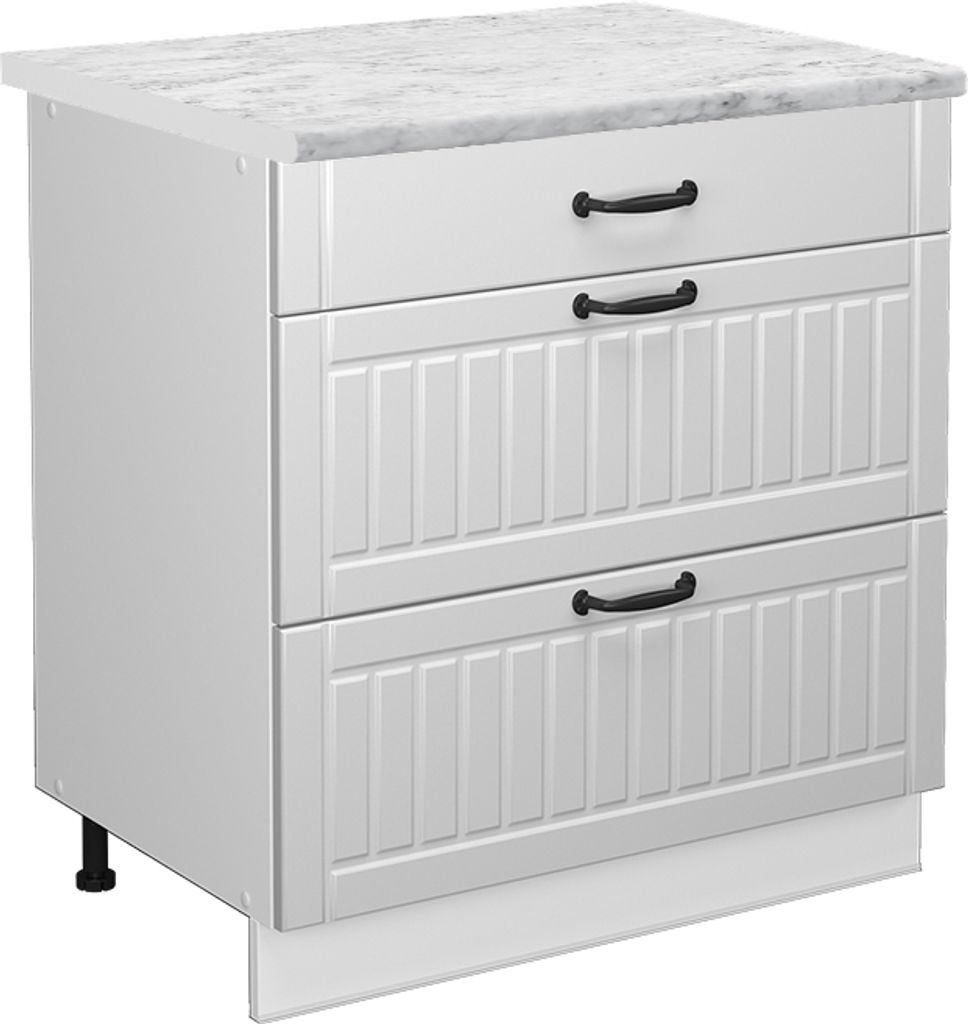 Küchenunterschrank Vicco Fame-Line Weiß Landhaus 80 cm mit 3 Schubladen, AP Marmor, Model 46763