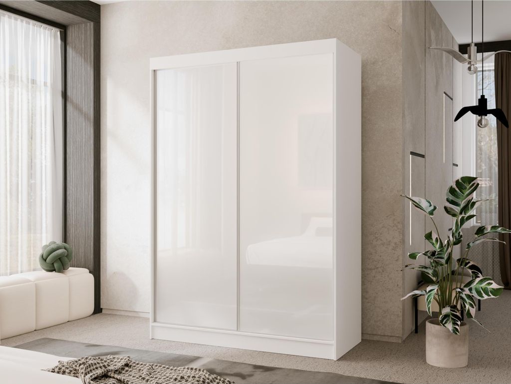 Eleganter Kleiderschrank mit Glasfronten Mira 150 cm, 2-türiger weißer Schwebetürenschrank fürs Schlafzimmer, Kleiderschrank mit Einlegeböden ...