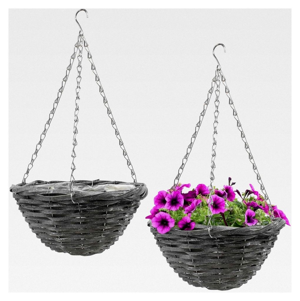 Hängender Weidekorb 29 cm mit Folie - 2er Set - Garten Dekoration Rattan Blumenampel in Grau mit Metallkette