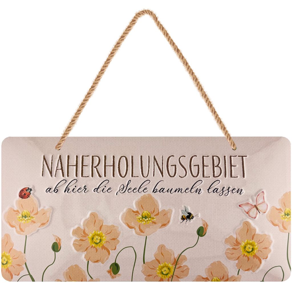LANOLU Retro Blechschild Naherholungsgebiet, Gartenschild Metall mit Blumen, Deko Schild für draußen, mit Jutelkordel, 16x32 cm