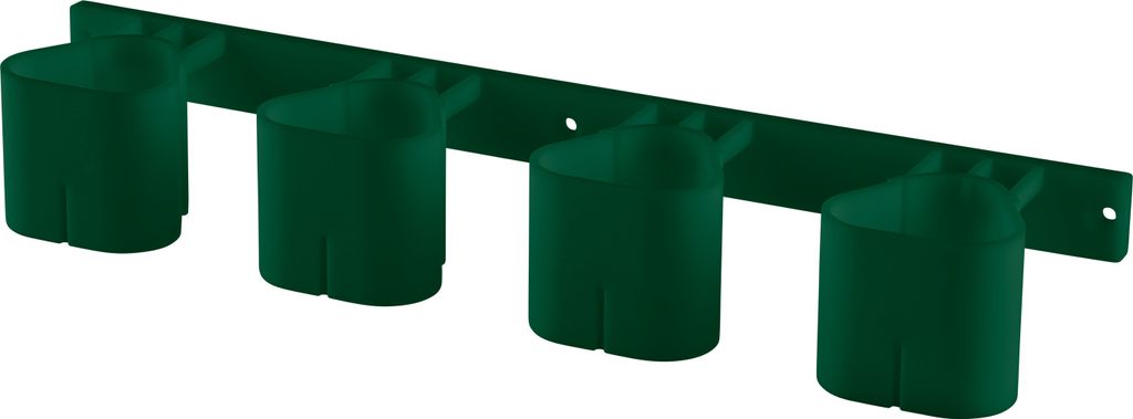 A dark green four-cup holder mounted on a dark green bar, presented against a white background.