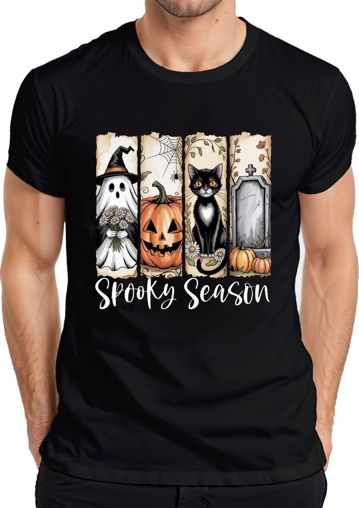 Spooky Season Halloween Kürbis schwarze Katze Geist Grab Spinne Herren T-Shirt, Schwarz, XXL