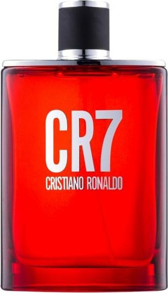A close-up studio shot of a red bottle of Cristiano Ronaldo CR7 Eau de Toilette for men.