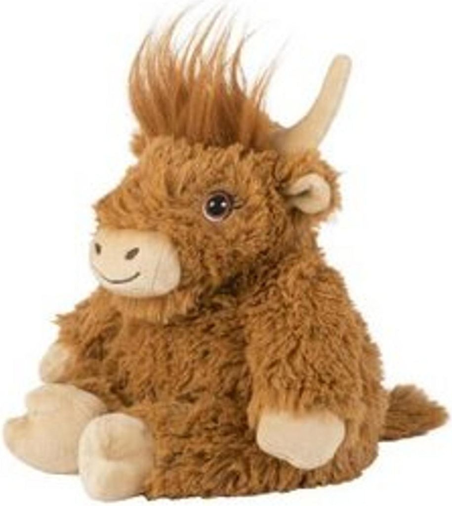 A plush toy highland cow sitting down.