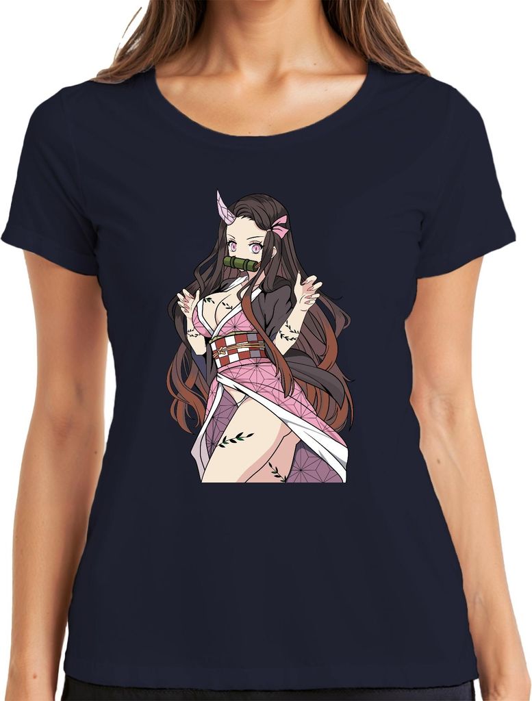 Nezuko Dämonin Bambusknebel Anime Cosplay Geschenk Manga süß Damen T-Shirt, Navy, L