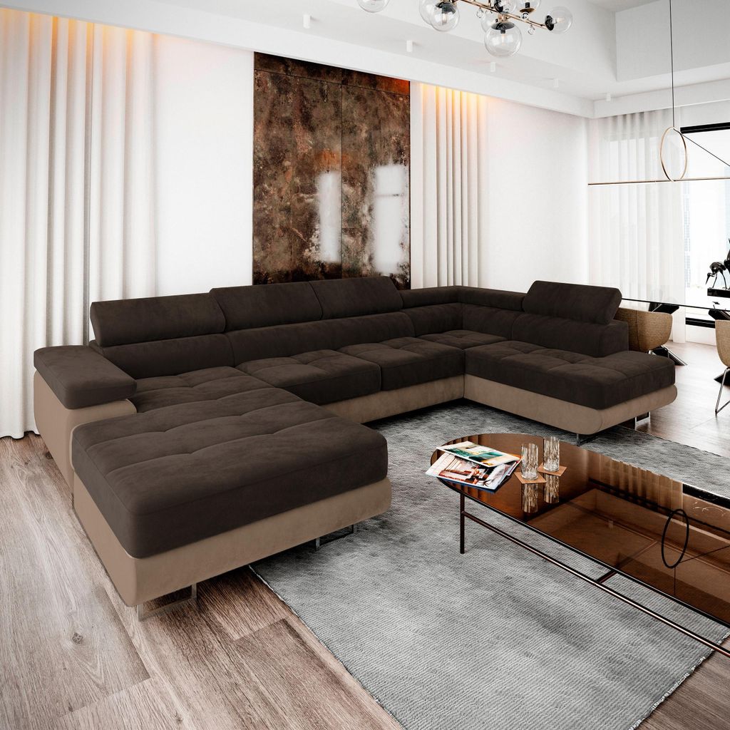 Masseno Ecksofa CASONE R-S mit Schlaffunktion U-Form, Sofa mit Bettkasten, Wohnzimmersofa, Couch, Soffa, Bettsofa, Couchgarnitur- Braun, MONOLITH 2...