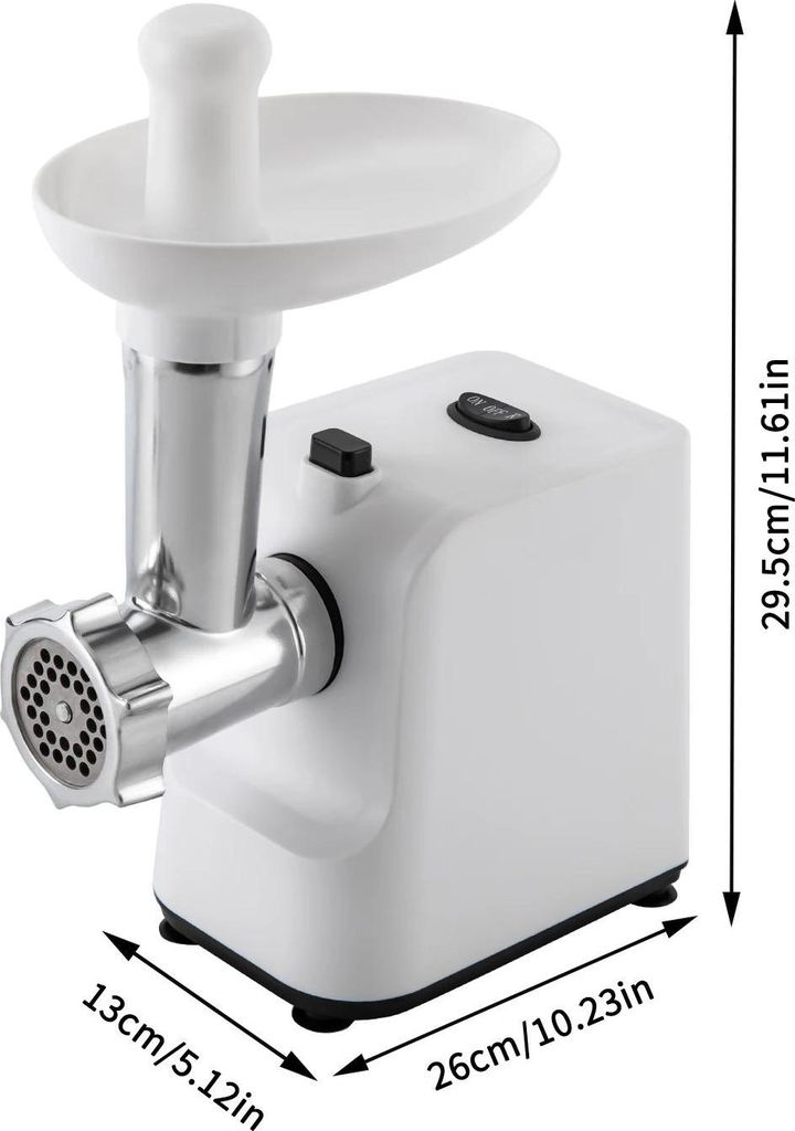 Elektrischer Fleischwolf & Wurstaufsatz - MG-S1 - 1000W Max - 1,5–2,5 kg/min - 3 Lochscheiben - 220–240V AC - Edelstahl/Kunststoff - Weiß