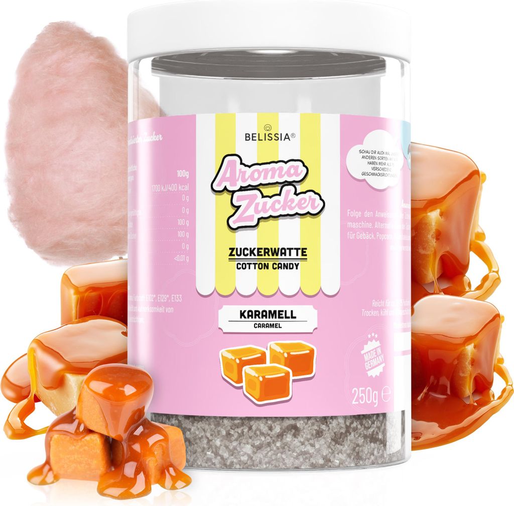 Belissia Aroma Zucker - Karamell - 250 g Aromatisierter Zucker für Zuckerwatte, Backen, Desserts, Slush & mehr - Farbig, Intensiv, Vielseitig