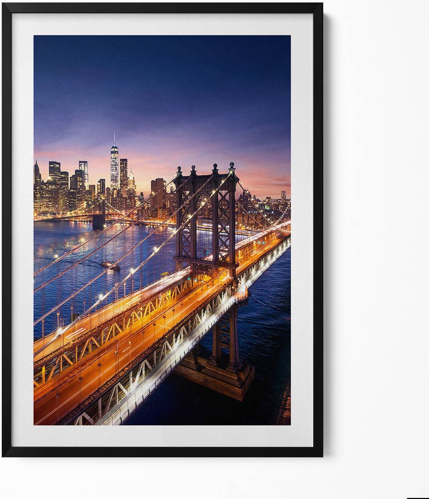 New York - Sonnenuntergang über Manhattan– Wandbild mit Rahmen – Gerahmtes Bild – Wanddekoration – 70x100 cm – Schwarz Rahmen