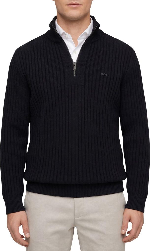 Boss Orange Pullover mit halbem Reißverschluss schwarz Wolle einfarbig