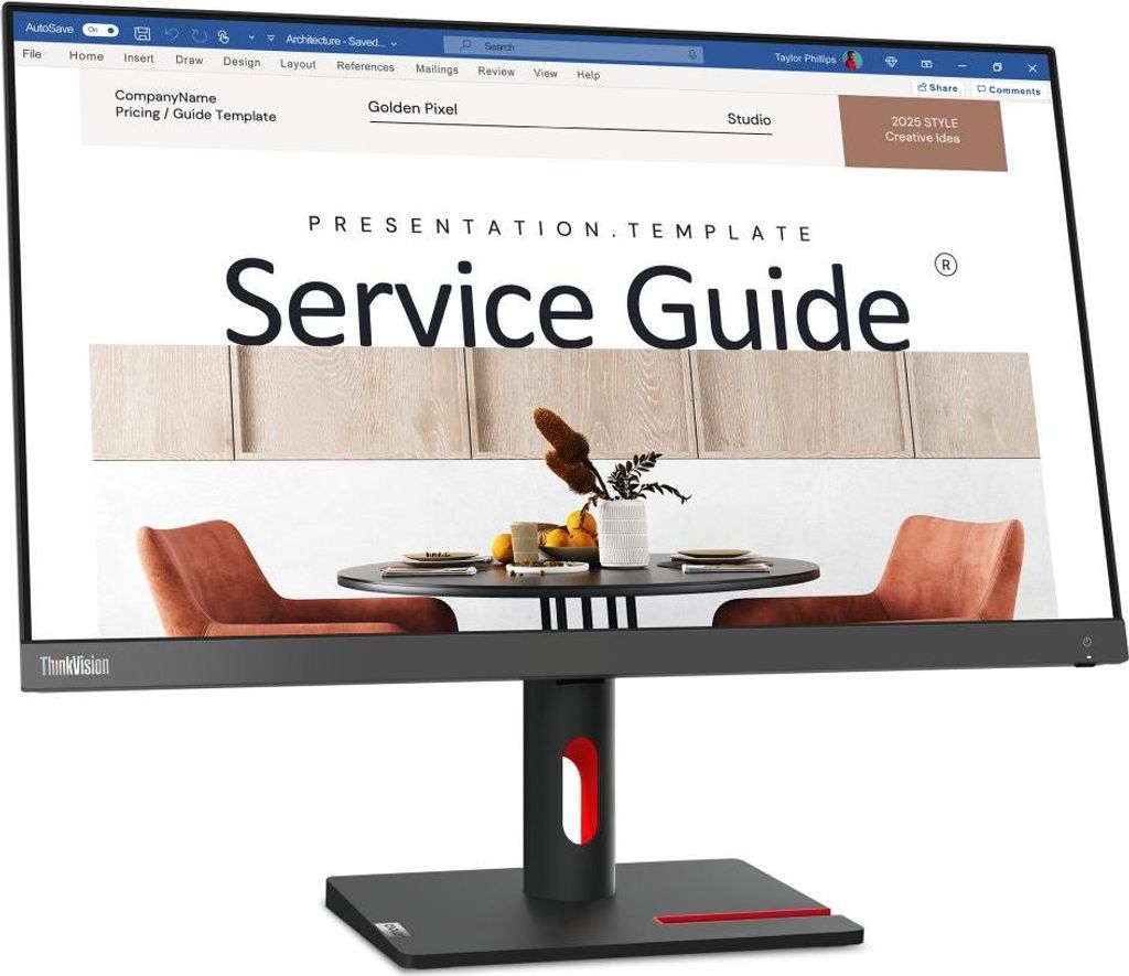 A computer monitor displaying a presentation template titled 'Service Guide'.