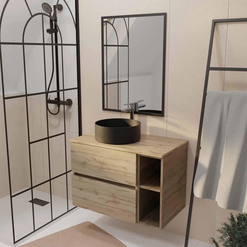 Meuble de Bain 80cm TIMBER Chêne et Vasque Noire - Design Moderne - 2